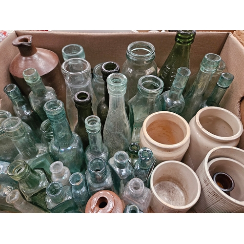 105 - Box Including 42 Old Glass Bottles, Ware Storage Jars Etc