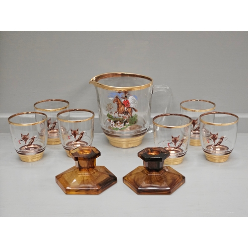 114 - Vintage 7 Pc Hunting Scene Water Set & A Pair Of Amber Glass Low Candlesticks