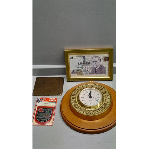 15 - Marshall & Sons Co Ltd Brass Wall Clock, £20 Note In Frame, MF 703 Baler Plate Etc