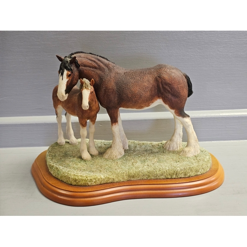 113 - Border Fine Arts 'Clydesdale Mare & Foal' A0187 By Anne Wall On Wood Base