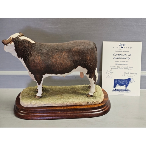 290 - Border Fine Arts 'Hereford Bull' B0772 By R Ayres Limited Edition 526/950 With Certificate On Wood B... 