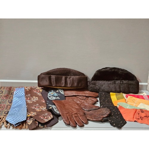 46 - 2 Pairs Leather Gloves, 2 Vintage Hats, Assorted Ties, Hankies, Scarf Etc