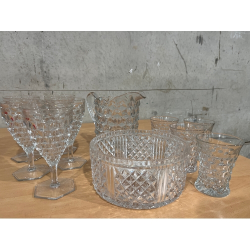 83 - Cut Glass Jug, 5 Cut Glass Wine Glasses, Cut Glass Bowl and 4 Cut Glass Water Glasses