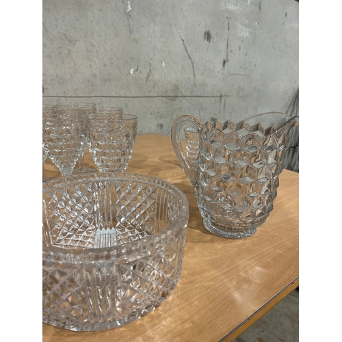 83 - Cut Glass Jug, 5 Cut Glass Wine Glasses, Cut Glass Bowl and 4 Cut Glass Water Glasses