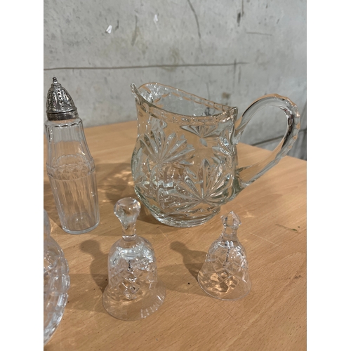 84 - Cut Glass Salt and Sugar Shakers, Cut Glass Water Jug, Glass Bells, Etc