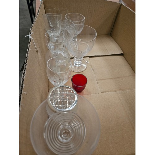 111 - Box Including Assorted Glasses, 2 Decanters Etc