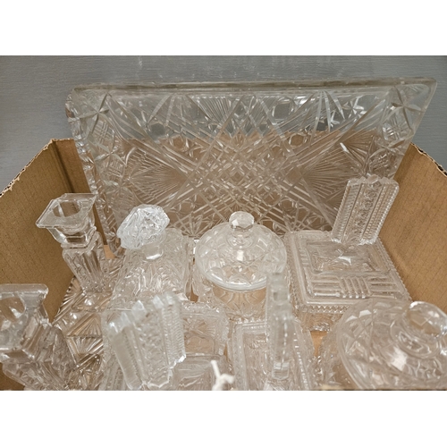 112 - A Box Including Assorted Cut Glass Dressing Table Pieces Etc