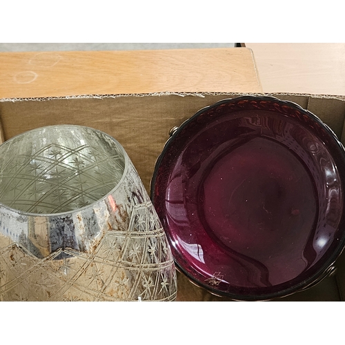 122 - Box Including Candleholder, Cut Glass Basket Etc