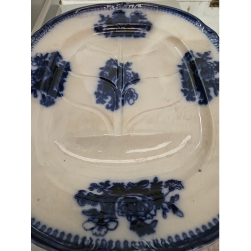 141 - Large Victorian Blue & White Meat Plate L55cm W44cm