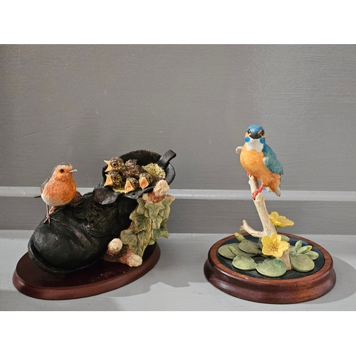 177 - Border Fine Arts 'Robin & Chicks In Boot' RB45 By R Ayres On Wood Base With Box, 'Kingfisher' RB41 B... 