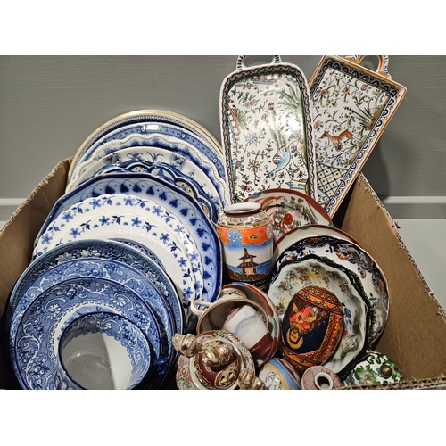 186 - Box Including Assorted Blue & White Plates, Oriental Teaware Etc