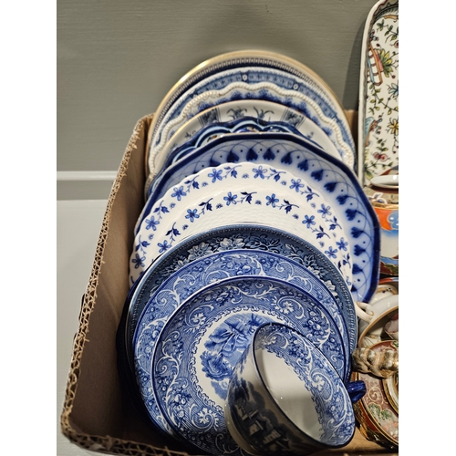 186 - Box Including Assorted Blue & White Plates, Oriental Teaware Etc