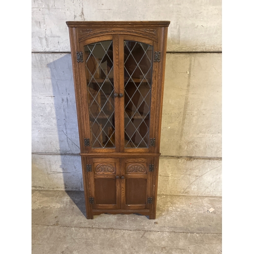 790 - Reproduction Oak Glass Corner Cabinet H167cm