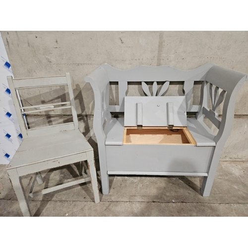 868 - Grey Painted Storage Box/Seat & Painted Chair