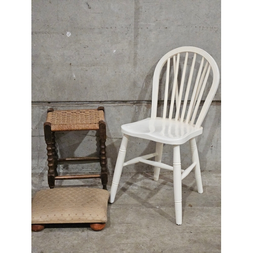 871 - Painted Wheelback Chair, Seagrass Stool & A Footstool