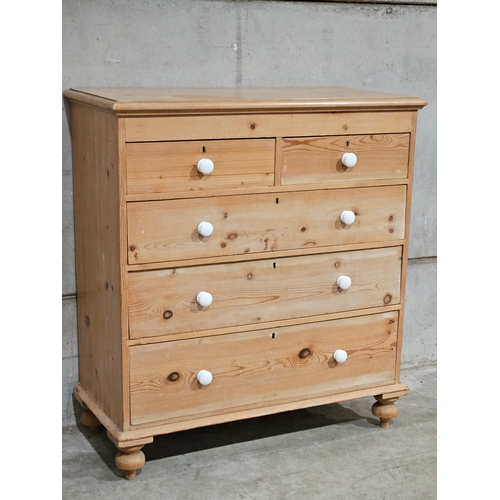 877 - Pine Chest Of Drawers With White Porcelain Knobs H116cm W108cm D49cm