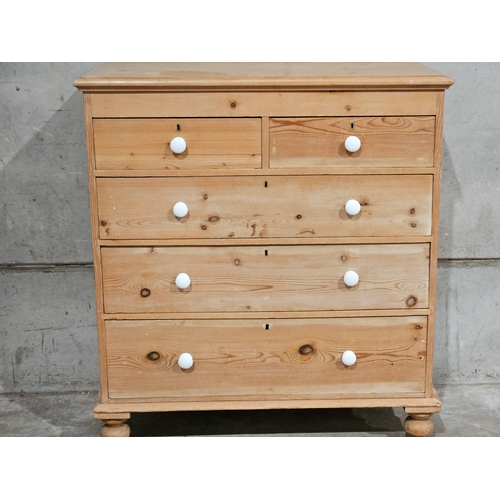 877 - Pine Chest Of Drawers With White Porcelain Knobs H116cm W108cm D49cm