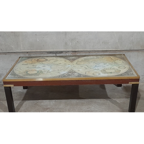 886 - Reproduction Mahogany & Brass Bound Campaign Style World Map Coffee Table H46cm W139cm D73cm