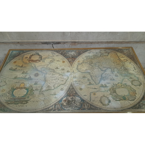 886 - Reproduction Mahogany & Brass Bound Campaign Style World Map Coffee Table H46cm W139cm D73cm