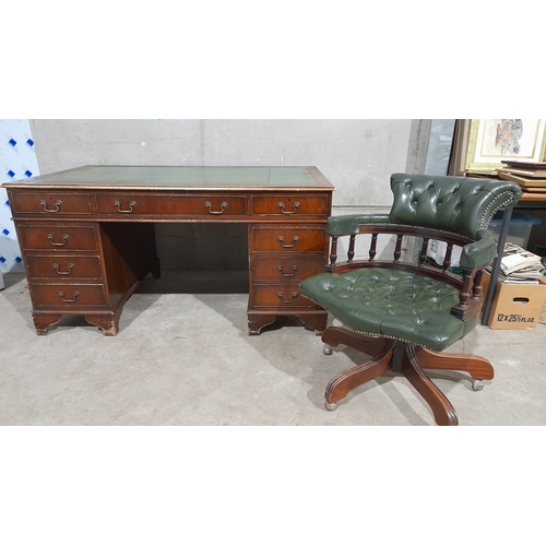 889 - Mahogany Kneehole Leather Top Writing Desk & A Green Leather Captain's Chair