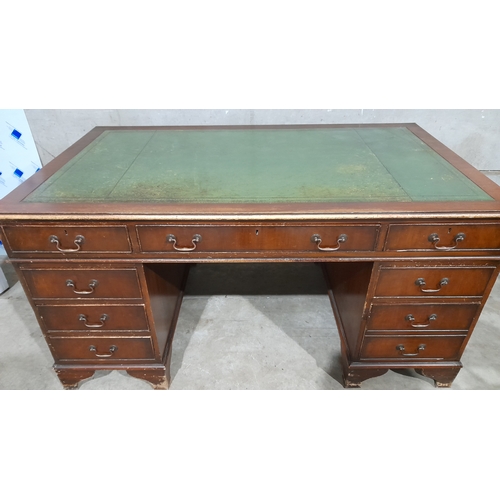 889 - Mahogany Kneehole Leather Top Writing Desk & A Green Leather Captain's Chair