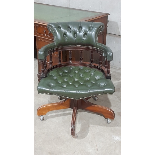 889 - Mahogany Kneehole Leather Top Writing Desk & A Green Leather Captain's Chair