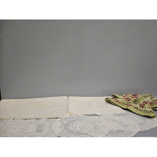 36 - Box Including Tray Cloths, Doilies, Table Covers, Faux Fur Throw 130cm x 180cm Silk Embroidered Cush... 