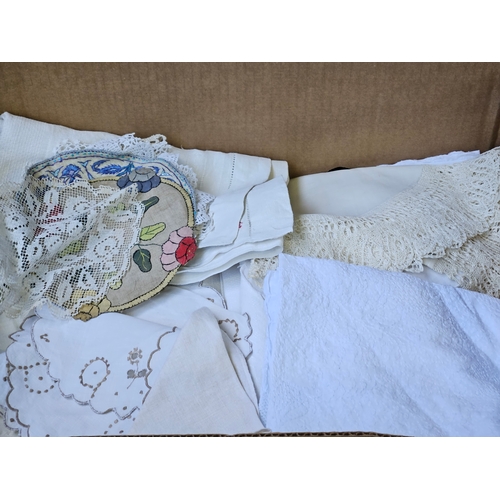 41 - Box Including Assorted Doilies, Tray Cloths, Tablecloths Etc