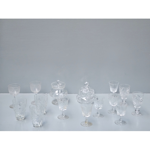 105 - 2 Cut Glass Lidded Jars & 13 Assorted Glasses