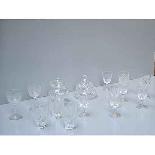 105 - 2 Cut Glass Lidded Jars & 13 Assorted Glasses