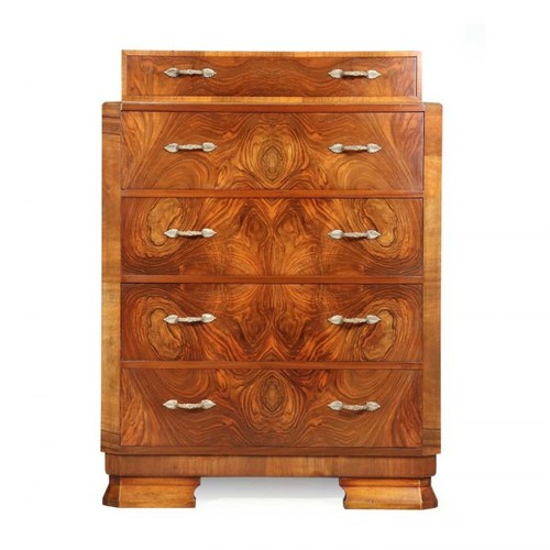 A Deco style walnut chest of four drawers