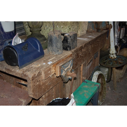 2 - LARGE WOODEN WORK BENCH MOUNTED VICE