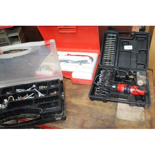 101 - COMPLETE DREMIL SET, SOLDERING IRON SET AND CASE OF NUTS AND BOLTS