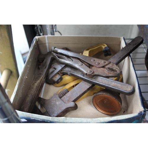 16 - BOX OF VINTAGE TOOLS, SPANNERS ETC