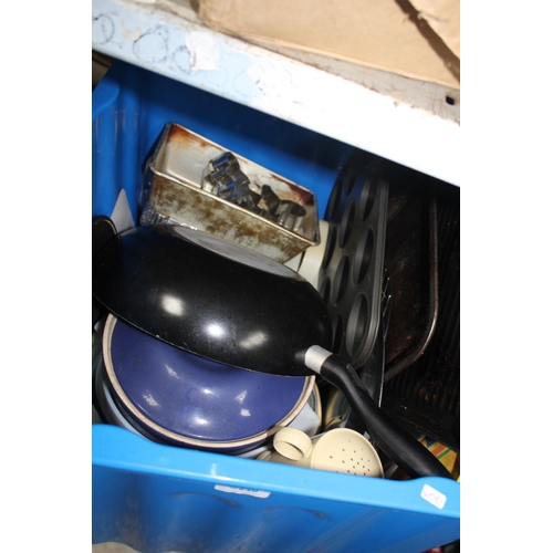 219 - BOX OF KITCHEN FRYING PANS ETC