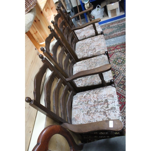 480 - 4 LADDERBACK UPHOLSTERED CHAIRS - 2 OF WHICH ARE CARVERS