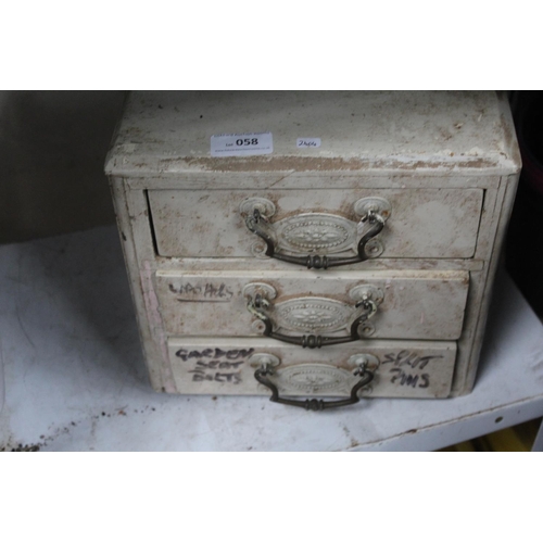 58 - 3 DRAWER CHEST CONTAINING BRASS HINGES ETC