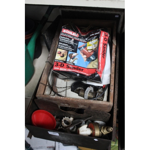 67 - TIN BOX OF VINTAGE TOOLS AND ACCESSORIES