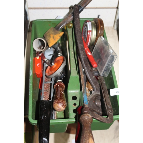 69 - GREEN BOX OF VINTAGE TOOLS, DRILLS AND SMALL AXES AND SAWS