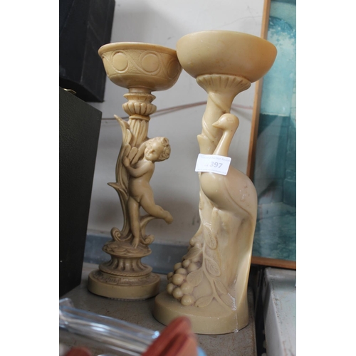 397 - 3 ALABASTER STYLE CANDLE STICKS