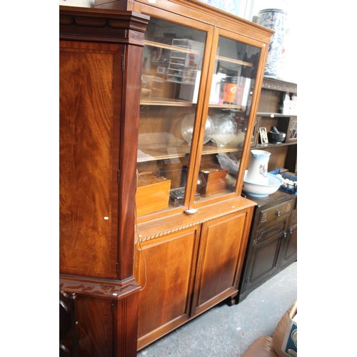 488 - MAHOGANY GLAZED 2 DOOR CABINET AND 2 DOOR UNIT BELOW