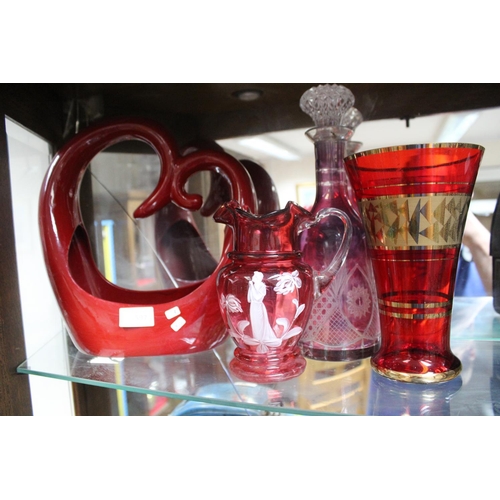 597 - LARGE RED VASE AND 3 PIECES OF BOHEMIUM GLASS