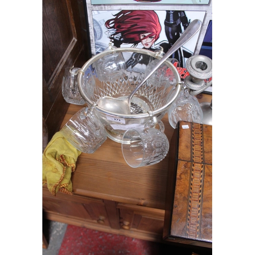 373 - GLASS PUNCH BOWL WITH CUPS AND LADLE