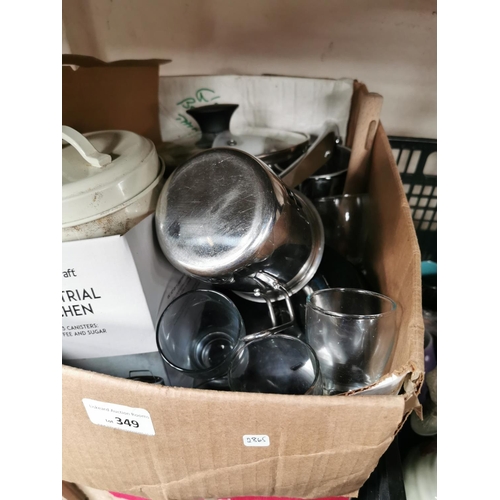 349 - BOX OF STAINLESS STEEL KITCHENWARE