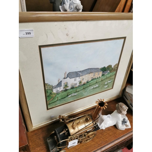 399 - FRAME AND GLAZED PICTURE OF A FARMHOUSE