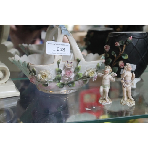 618 - 2 PORCELAIN POSY HOLDERS AND 2 MINIATURE FIGURES