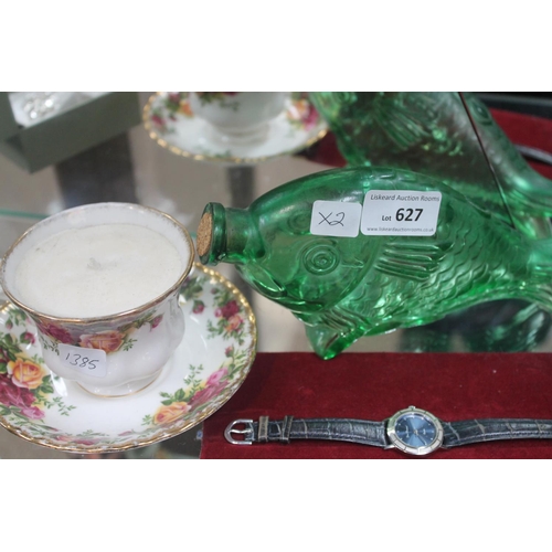 627 - ROYAL ALBERT CUP AND SAUCER WITH CANDLE AND A GLASS FISH