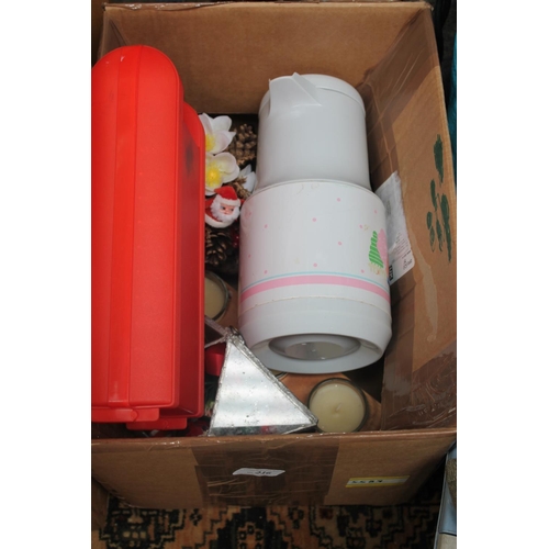 216 - BOX OF XMAS DECORATIONS & CANDLES