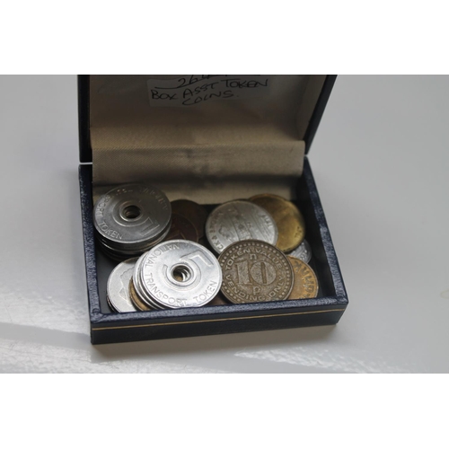 463 - BOX OF ASSORTED TOKEN COINS