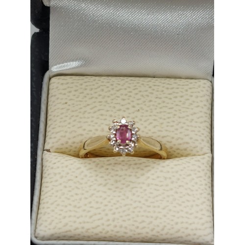 422 - 9ct RUBY & DIAMOND CLUSTER RING SIZE ‘M ½ ‘ WEIGHT 2gms. HALLMARKED. DIAMOND STAMPED .10